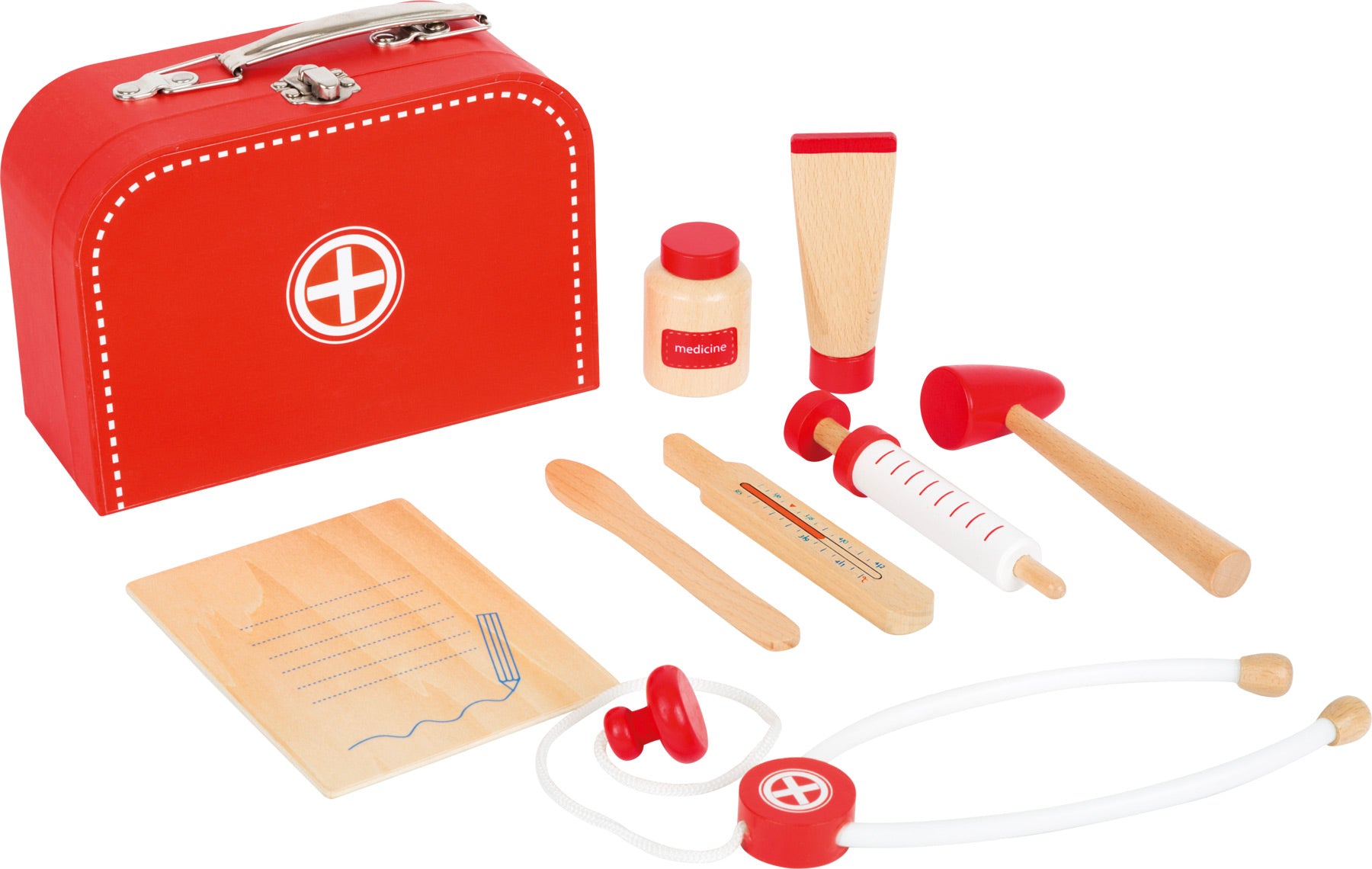 Igračka set liječnika | Paket sadrži liječničku torbu, blok, špricu, stetoskop, toplomjer, čekić, kutiju za lijekove, tubu i 