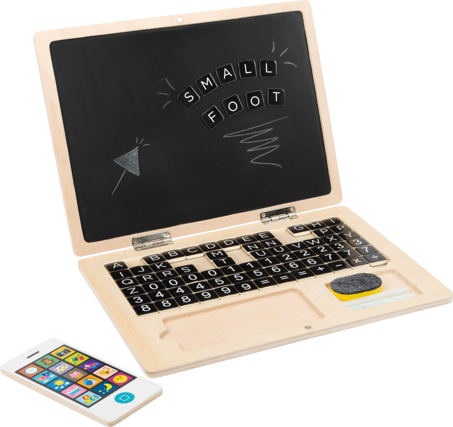 Drveni laptop s magnetskom pločom | Paket sadrži 78 magneta, spužvu, mobitel, dvije krede i drveni laptop. (broj dijelova: 83