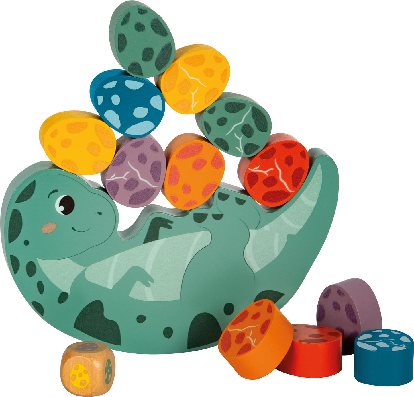Igra ravnoteže "Dino" | Paket sadrži jednog balansirajućeg dinosaura, dvanaest jaja i jednu kockicu (broj dijelova: 14).
