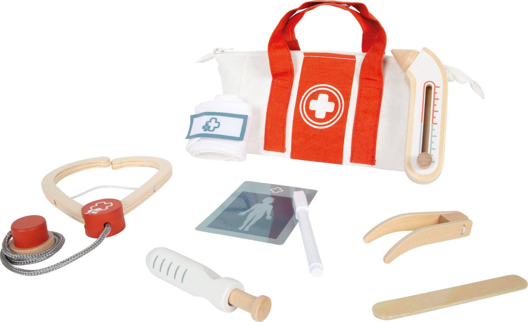 Doktorski set u crvenoj torbi | Ovaj set uključuje liječničku torbu, stetoskop, toplomjer, špricu, aplikator, pincetu, zavoj,