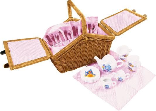 Piknik košara Romantična | Set uključuje košaru, 4 šalice, čajnik, podmetače, lonac za kavu, vrč za mlijeko, pribor za jelo, 